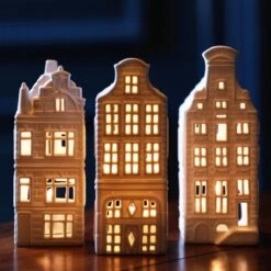 Waxinelichthouder Huisjes - Set Van 3 - Hollandse Cadeautjes - Sfeerlichtjes - Huiswarming & Moederdag Cadeau