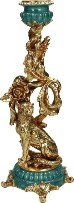 Kandelaar Leopard Polyresin Goud 12x12x34 - Elegante Kaarsenhouder voor Dinerkaarsen